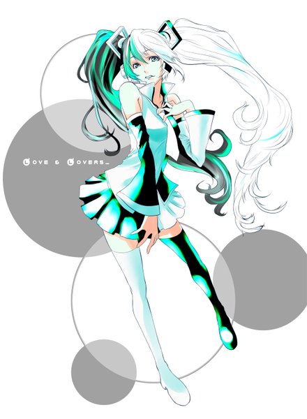 Anime picture 1100x1500 with vocaloid hatsune miku kakage single long hair tall image looking at viewer simple background white background twintails bare shoulders white hair very long hair pleated skirt green hair aqua hair girl detached sleeves necktie boots