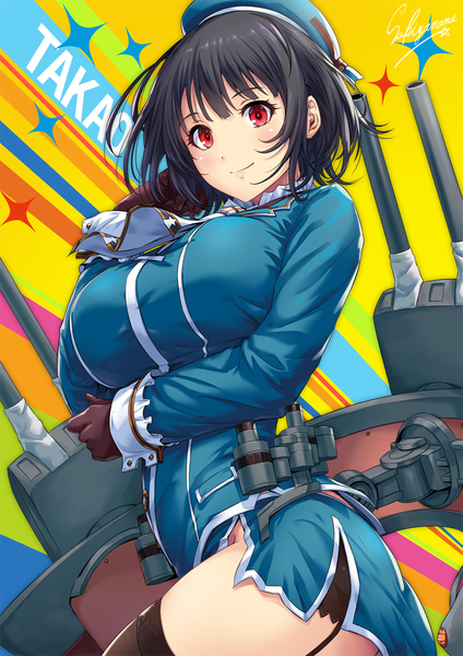 Anime picture 800x1131 with kantai collection takao heavy cruiser sakiyamama single tall image looking at viewer blush fringe short hair breasts light erotic black hair simple background smile red eyes large breasts standing signed payot character names