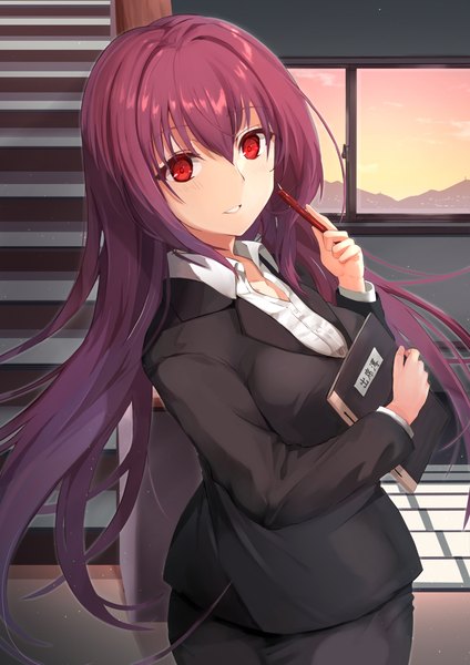 Anime picture 1240x1754 with fate (series) fate/grand order scathach (fate) (all) scathach (fate) torottye single long hair tall image looking at viewer fringe hair between eyes red eyes purple hair indoors looking back evening sunset open collar formal girl
