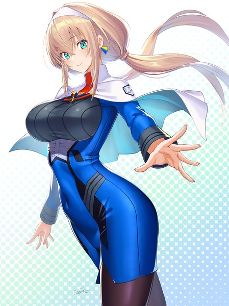 Anime picture 1436x1920 with super robot wars super robot wars 30 mitsuba greyvalley takamine nadare single long hair tall image looking at viewer fringe light erotic blonde hair smile hair between eyes twintails aqua eyes low twintails covered navel polka dot revision underbust
