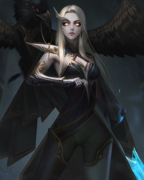 Anime picture 3000x3745 with league of legends quinn (league of legends) thaumazo single long hair tall image looking at viewer highres breasts simple background blonde hair standing yellow eyes lips mole mole under eye glowing ass visible through thighs glowing eye (eyes) grey skin