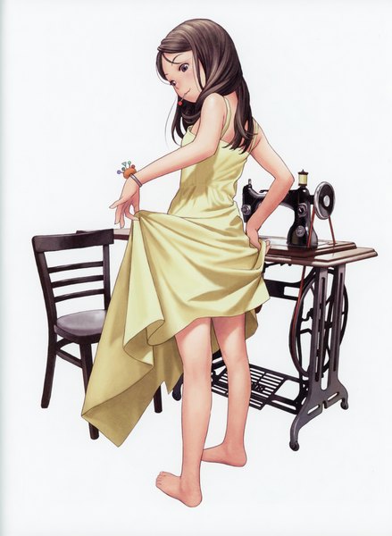 Anime-Bild 5092x6966 mit futurelog (artbook) range murata single long hair tall image highres smile brown hair standing white background holding absurdres full body barefoot from behind scan grey eyes sleeveless mouth hold looking down