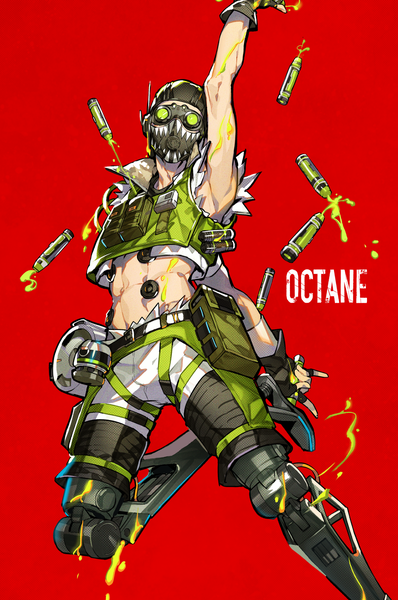 Anime picture 1128x1700 with apex legends octane (apex legends) mika pikazo single tall image simple background full body arm up official art midriff sleeveless character names red background mechanical boy mask