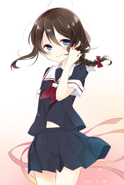 Anime picture 609x907 with kantai collection shigure destroyer naoto (tulip) single long hair tall image blush fringe blue eyes smile hair between eyes brown hair looking away ahoge braid (braids) wind gradient background single braid adjusting hair dated