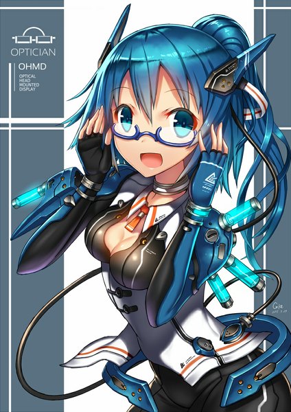 Anime picture 800x1131 with original gia single long hair tall image looking at viewer fringe breasts open mouth blue eyes standing blue hair ponytail shadow adjusting glasses mechanical girl glasses bodysuit collar