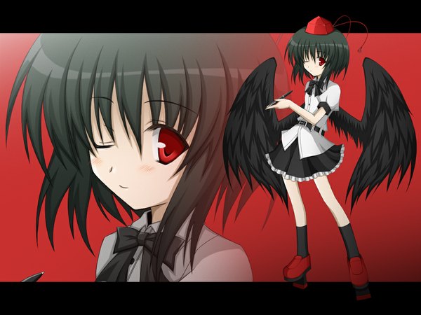 Anime picture 1024x768 with touhou shameimaru aya short hair black hair one eye closed wink black wings girl hat wings socks pen nenaro