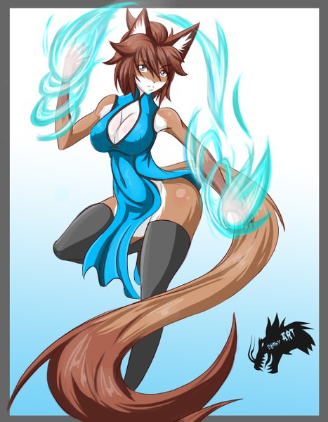 Anime picture 2024x2600 with original dannyart-z single tall image looking at viewer highres short hair light erotic brown hair animal ears tail animal tail grey eyes erect nipples magic covered nipples monster girl logo girl thighhighs