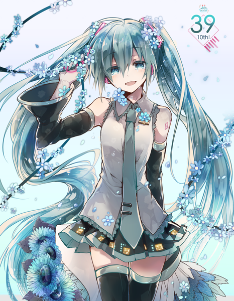 Anime-Bild 800x1029 mit vocaloid hatsune miku cyawa single tall image looking at viewer fringe hair between eyes twintails bare shoulders ahoge very long hair nail polish head tilt hair flower aqua eyes aqua hair zettai ryouiki 39 girl