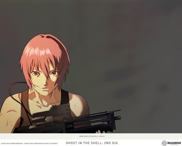Anime picture 1280x1024 with ghost in the shell production i.g kusanagi motoko single looking at viewer fringe short hair simple background hair between eyes holding brown eyes pink hair upper body grey background sweat copyright name text sweatdrop english girl