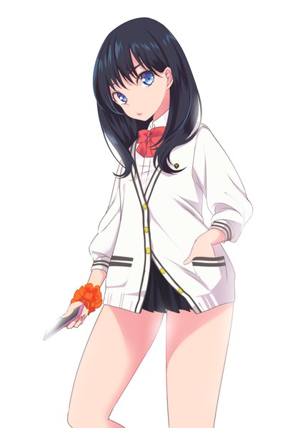 Anime picture 780x1103 with gridman universe ssss.gridman studio trigger takarada rikka ramune (lamunepop) single long hair tall image looking at viewer fringe open mouth black hair simple background standing white background holding pleated skirt thighs hand in pocket wrist scrunchie