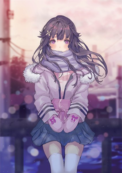 Anime picture 700x990 with original lloule single long hair tall image looking at viewer blush fringe black hair hair between eyes purple eyes holding outdoors long sleeves blurry depth of field fur trim lens flare girl thighhighs