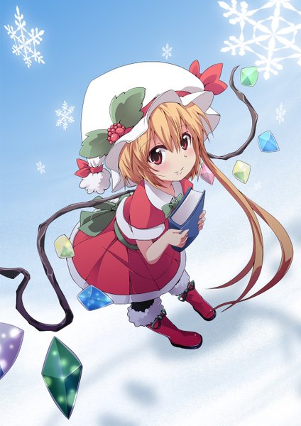 Anime picture 1000x1414 with touhou pixiv flandre scarlet noa (nagareboshi) single tall image short hair blonde hair red eyes alternate costume christmas snow girl dress hat wings book (books) bonnet snowflake (snowflakes) crystal