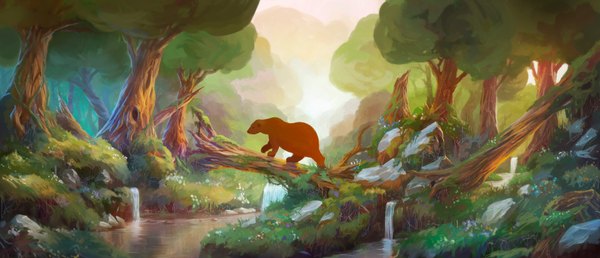 Anime picture 1920x826 with alextooth single highres wide image no people river waterfall flower (flowers) plant (plants) animal tree (trees) water forest stone (stones) bear