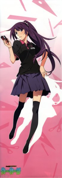 Anime picture 1780x5115 with bakemonogatari shaft (studio) monogatari (series) senjougahara hitagi single long hair tall image looking at viewer fringe highres blue eyes purple hair full body ponytail pleated skirt scan inscription shadow short sleeves no shoes