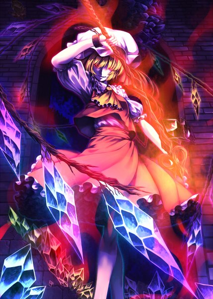 Anime picture 2144x3000 with touhou flandre scarlet tro single tall image highres short hair blonde hair red eyes magic glowing glowing eye (eyes) girl skirt weapon hat wings skirt set crystal laevatein (touhou)