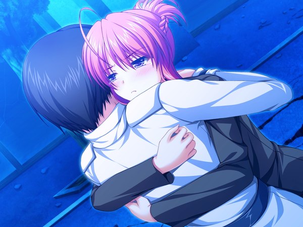 Anime picture 1600x1200 with fake azure arcology orikura rio asami asami short hair black hair purple eyes game cg red hair couple girl boy