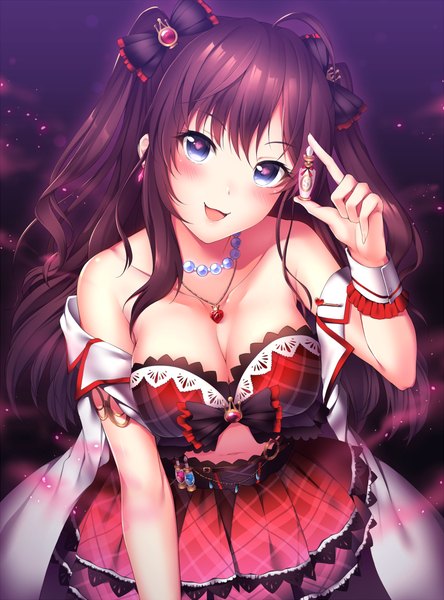 Anime picture 757x1021 with idolmaster idolmaster cinderella girls ichinose shiki yomono single long hair tall image looking at viewer blush breasts open mouth blue eyes light erotic bare shoulders cleavage purple hair two side up mystic elixir girl dress