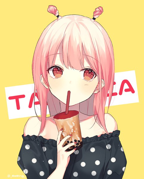 Anime picture 700x866 with original silltare single long hair tall image simple background red eyes bare shoulders pink hair upper body looking up polka dot yellow background drinking girl drink disposable cup bubble tea