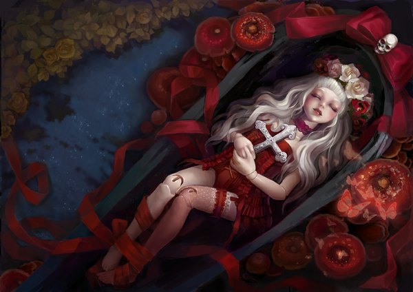 Anime picture 1000x707 with alice in wonderland fumiko (vici) single long hair blush fringe open mouth holding full body lying eyes closed barefoot from above grey hair no shoes wavy hair bondage doll joints girl flower (flowers)