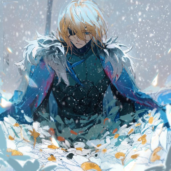 Anime picture 2000x2000 with fire emblem fire emblem: three houses nintendo dimitri alexandre blaiddyd moku (urotozm) single fringe highres blue eyes blonde hair hair between eyes outdoors parted lips fur trim looking down snowing snow boy flower (flowers) armor