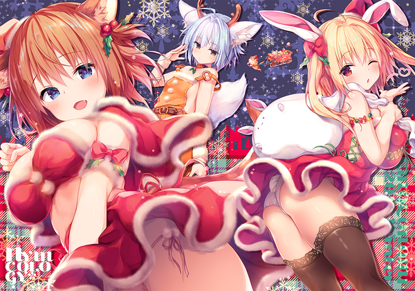 Anime picture 1000x701 with original konomi (kino konomi) long hair looking at viewer short hair breasts open mouth blue eyes light erotic red eyes large breasts twintails multiple girls holding brown eyes animal ears payot silver hair ahoge ass