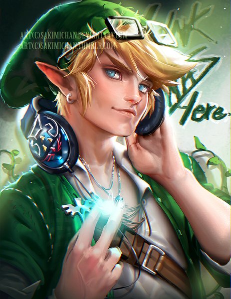 Anime picture 695x900 with the legend of zelda link sakimichan single tall image short hair blue eyes blonde hair signed pointy ears realistic glowing watermark headphones around neck hand on headphones glasses on head boy earrings glasses belt