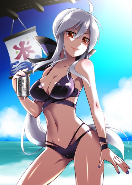 Anime picture 1295x1812 with vocaloid yowane haku caffein single long hair tall image looking at viewer blush light erotic smile red eyes bare shoulders sky cleavage silver hair cloud (clouds) ahoge nail polish blurry bare belly
