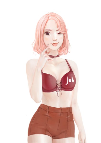 Anime picture 1920x2716 with original laras (jubi) jubi (regiana) single tall image looking at viewer highres short hair breasts light erotic simple background white background bare shoulders brown eyes signed pink hair upper body one eye closed arm up fingernails