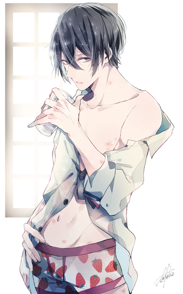 Anime picture 1308x2105 with tsukiuta uduki arata utkt single tall image looking at viewer fringe short hair light erotic black hair simple background hair between eyes standing white background bare shoulders holding signed nipples parted lips off shoulder