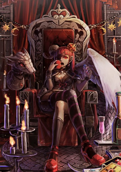 Anime picture 848x1200 with original holysnow single long hair tall image looking at viewer breasts open mouth red eyes large breasts sitting nail polish horn (horns) pointy ears orange hair teeth sparkle fang (fangs) high heels crossed legs