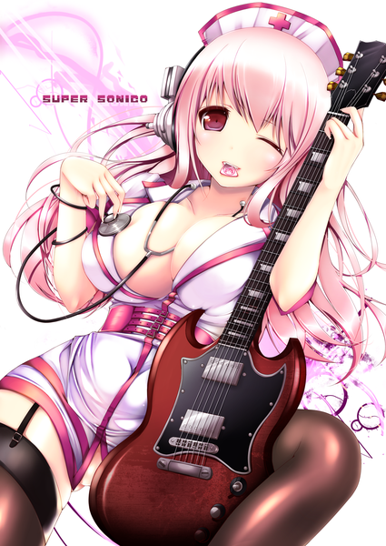 Anime picture 1254x1770 with nitroplus super sonico yuncha single long hair tall image breasts light erotic red eyes large breasts pink hair cleavage one eye closed wink nurse girl thighhighs black thighhighs musical instrument guitar