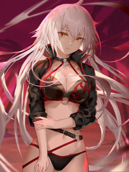 Anime picture 661x879 with fate (series) fate/grand order jeanne d'arc (fate) (all) jeanne d'arc alter (fate) jeanne d'arc alter (swimsuit berserker) (fate) jname single tall image looking at viewer fringe breasts light erotic blonde hair hair between eyes yellow eyes sky cleavage ahoge very long hair head tilt