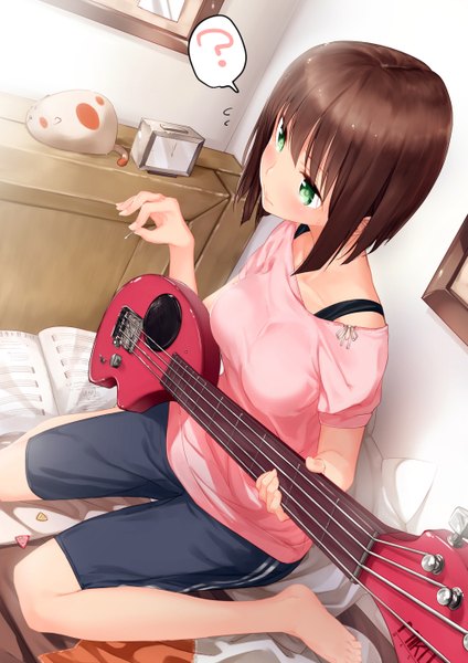 Anime picture 1000x1414 with idolmaster idolmaster cinderella girls maekawa miku pino (birthdayparty) single tall image blush fringe short hair brown hair sitting green eyes looking away indoors barefoot from above wariza ? girl bed