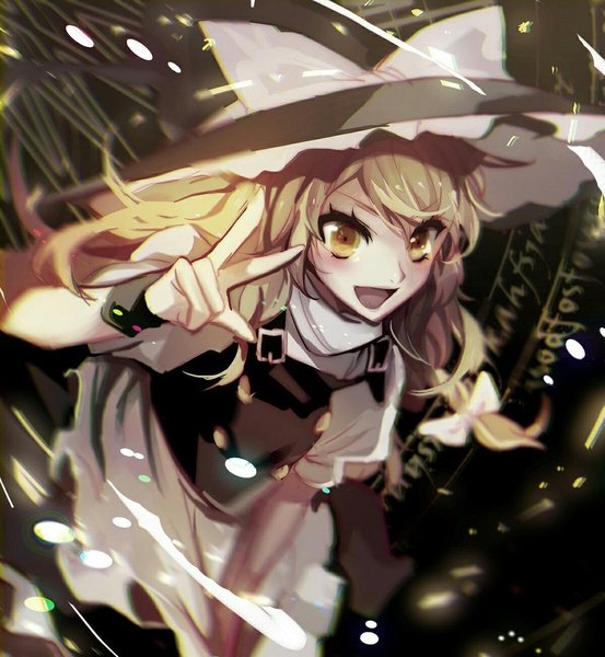 Anime picture 945x1024 with touhou kirisame marisa no-kan single long hair tall image blush fringe open mouth blonde hair yellow eyes looking away braid (braids) leaning leaning forward victory side braid girl hat wrist cuffs