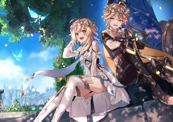Anime picture 2000x1414 with genshin impact lumine (genshin impact) aether (genshin impact) amaichi esora looking at viewer fringe highres short hair open mouth blonde hair hair between eyes sitting yellow eyes sky cloud (clouds) ahoge outdoors :d siblings brother and sister