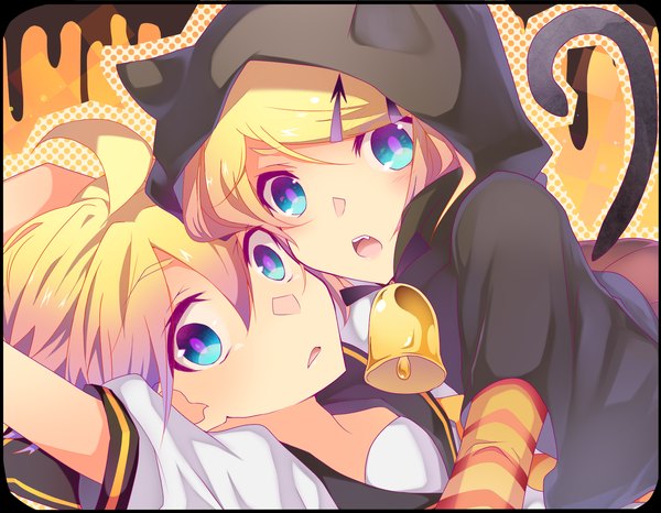Anime picture 1800x1400 with vocaloid kagamine rin kagamine len temari (deae) looking at viewer blush highres short hair open mouth blue eyes blonde hair halloween twins brother and sister girl boy hair ornament hairclip bell animal costume