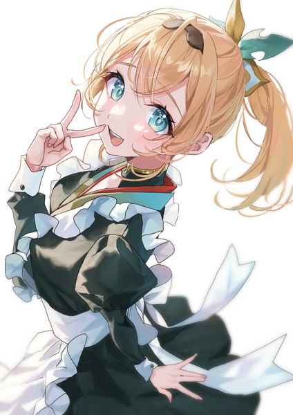 Anime picture 1158x1637 with virtual youtuber hololive kazama iroha misekiss single long hair tall image open mouth blue eyes simple background blonde hair white background ponytail :d maid alternate costume victory girl uniform