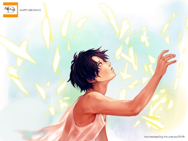 Anime picture 1200x900 with one piece toei animation portgas d. ace tsuyomaru single short hair black hair bare shoulders signed profile inscription looking up happy birthday alternate age freckles younger boy