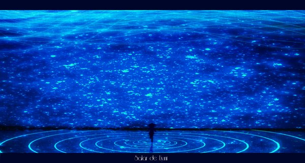 イラスト 3000x1600 と オリジナル tarbo (exxxpiation) ソロ 長髪 highres wide image 立つ bent knee (knees) reflection dark background spread arms blue background 女の子 水