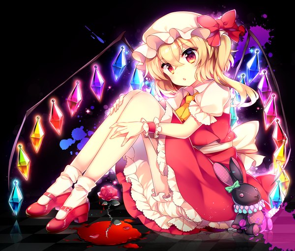 Anime picture 1500x1278 with touhou flandre scarlet kurisu sai single looking at viewer blush short hair blonde hair red eyes sitting parted lips side ponytail checkered floor floor girl skirt bow wings socks white socks