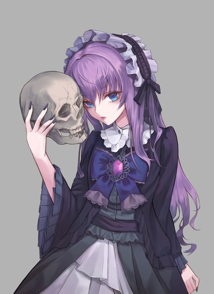 Anime picture 1500x2058 with original kone (zhsiddl010) single long hair tall image fringe blue eyes simple background hair between eyes holding purple hair upper body long sleeves nail polish head tilt fingernails grey background wide sleeves lipstick looking down