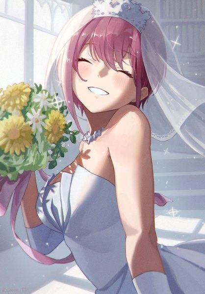 Anime picture 1548x2220 with go-toubun no hanayome nakano ichika sooon single tall image blush fringe short hair breasts smile hair between eyes standing bare shoulders pink hair indoors eyes closed sparkle grin ^ ^ girl