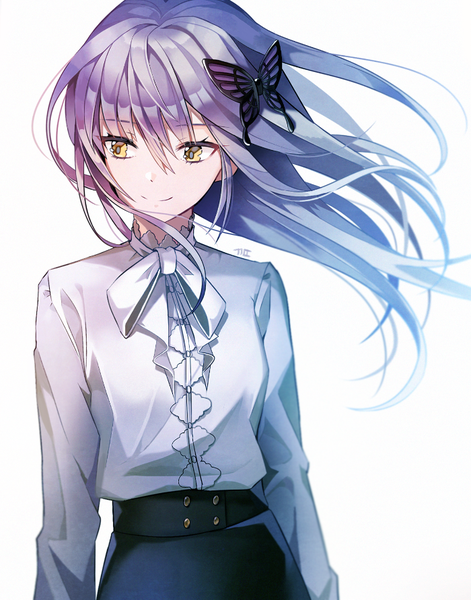 Anime picture 700x892 with bang dream! minato yukina ggomddak single long hair tall image fringe breasts simple background smile hair between eyes standing white background signed yellow eyes looking away silver hair upper body long sleeves floating hair