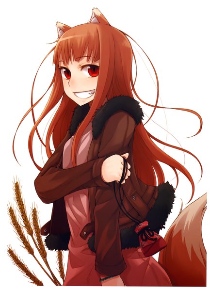 Anime picture 4550x6300 with spice and wolf horo ayakura juu single long hair tall image highres simple background smile red eyes brown hair white background absurdres scan open clothes open jacket wolf ears wolf tail wolf girl girl