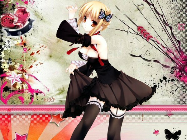 Anime picture 1600x1200 with fate (series) fate/stay night studio deen type-moon artoria pendragon (all) saber tatekawa mako blonde hair gothic thighhighs dress hair ornament insect butterfly butterfly hair ornament