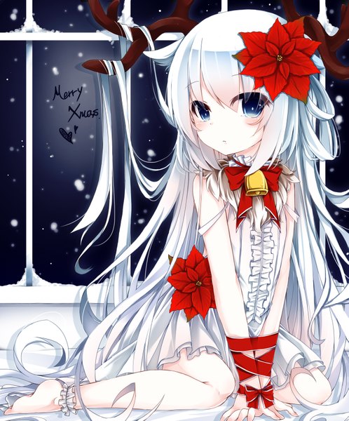 Anime picture 2894x3487 with original yuu (shiro yurine) shiro yurine single tall image looking at viewer fringe highres breasts blue eyes hair between eyes sitting indoors very long hair hair flower horn (horns) flat chest snowing christmas snow