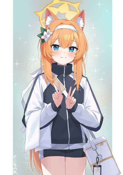 Anime picture 2480x3508 with blue archive mari (blue archive) mari (gym uniform) (blue archive) trigonometric function single long hair tall image looking at viewer fringe highres blue eyes simple background hair between eyes standing animal ears hair flower orange hair official alternate costume victory low ponytail