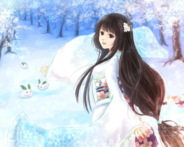 Anime picture 1280x1024 with kimi ni todoke production i.g kuronuma sawako qiany long hair looking at viewer fringe smile brown hair brown eyes payot very long hair japanese clothes hair flower snowing spread arms winter snow girl hair ornament