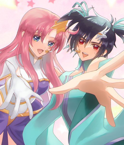 Anime picture 1601x1865 with mobile suit gundam gundam seed destiny sunrise (studio) lacus clyne meer campbell shinn asuka 184 (tatamiiwashi) long hair tall image looking at viewer short hair open mouth blue eyes black hair red eyes twintails pink hair :d short twintails sweatdrop