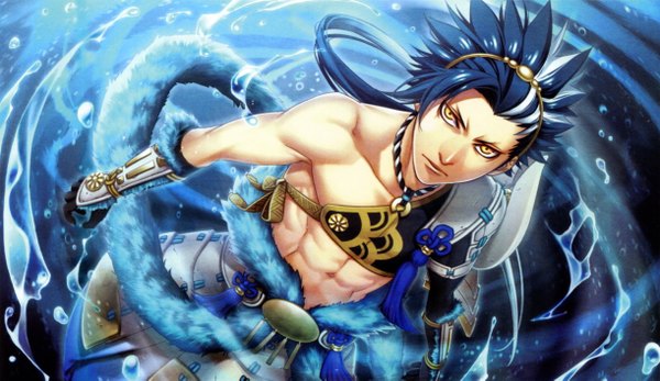 Anime picture 4888x2834 with kamigami no asobi brains base (studio) totsuka takeru yone kazuki single long hair highres wide image standing blue hair absurdres from above lips orange eyes muscle serious angry boy gloves water